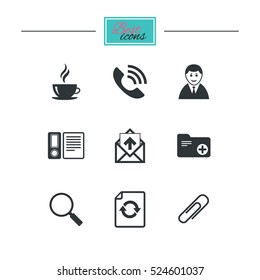 Office, documents and business icons. Coffee, phone call and businessman signs. Safety pin, magnifier and mail symbols. Black flat icons. Classic design. Vector
