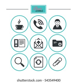Office, documents and business icons. Coffee, phone call and businessman signs. Safety pin, magnifier and mail symbols. Round flat buttons with icons. Vector