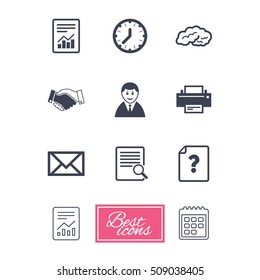 Office, documents and business icons. Deal, mail and businessman signs. Report, magnifier and brain symbols. Report document, calendar icons. Vector