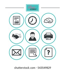 Office, documents and business icons. Deal, mail and businessman signs. Report, magnifier and brain symbols. Round flat buttons with icons. Vector