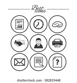 Office, documents and business icons. Deal, mail and businessman signs. Report, magnifier and brain symbols. Classic simple flat icons. Vector