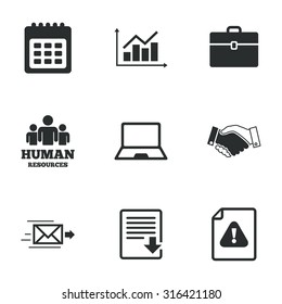 Office, documents and business icons. Human resources, handshake and download signs. Chart, laptop and calendar symbols. Flat icons on white. Vector