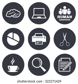 Office, documents and business icons. Human resources, notebook and printer signs. Scissors, magnifier and coffee symbols. Gray flat circle buttons. Vector