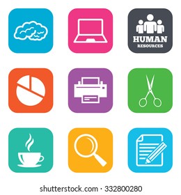Office, documents and business icons. Human resources, notebook and printer signs. Scissors, magnifier and coffee symbols. Flat square buttons. Vector
