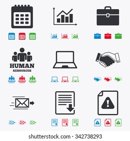 Office, documents and business icons. Human resources, handshake and download signs. Chart, laptop and calendar symbols. Flat black, red, blue and green icons.