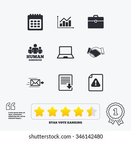 Office, documents and business icons. Human resources, handshake and download signs. Chart, laptop and calendar symbols. Star vote ranking. Award achievement and quotes.
