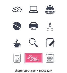 Office, documents and business icons. Human resources, notebook and printer signs. Scissors, magnifier and coffee symbols. Report document, calendar icons. Vector