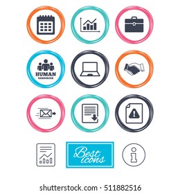 Office, documents and business icons. Human resources, handshake and download signs. Chart, laptop and calendar symbols. Report document, information icons. Vector