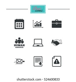 Office, documents and business icons. Human resources, handshake and download signs. Chart, laptop and calendar symbols. Black flat icons. Classic design. Vector