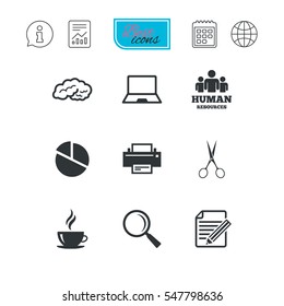 Office, documents and business icons. Human resources, notebook and printer signs. Scissors, magnifier and coffee symbols. Report document, calendar and information web icons. Vector