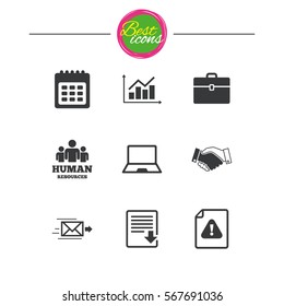 Office, documents and business icons. Human resources, handshake and download signs. Chart, laptop and calendar symbols. Classic simple flat icons. Vector