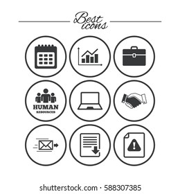 Office, documents and business icons. Human resources, handshake and download signs. Chart, laptop and calendar symbols. Classic simple flat icons. Vector