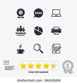 Office, documents and business icons. Pie chart, byod and printer signs. Report, magnifier and web camera symbols. Star vote ranking. Award achievement and quotes.