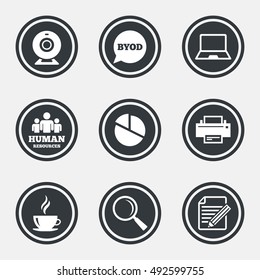 Office, documents and business icons. Pie chart, byod and printer signs. Report, magnifier and web camera symbols. Circle flat buttons with icons and border. Vector