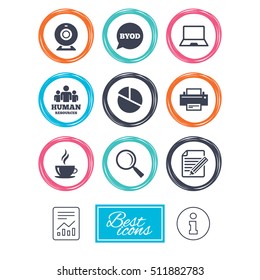 Office, documents and business icons. Pie chart, byod and printer signs. Report, magnifier and web camera symbols. Report document, information icons. Vector