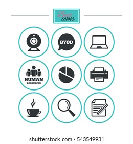 Office, documents and business icons. Pie chart, byod and printer signs. Report, magnifier and web camera symbols. Round flat buttons with icons. Vector