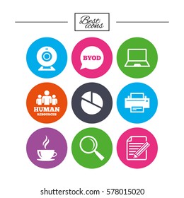 Office, documents and business icons. Pie chart, byod and printer signs. Report, magnifier and web camera symbols. Classic simple flat icons. Vector