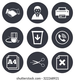 Office, documents and business icons. Printer, handshake and phone signs. Boss, recycle bin and eraser symbols. Gray flat circle buttons. Vector