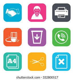 Office, documents and business icons. Printer, handshake and phone signs. Boss, recycle bin and eraser symbols. Flat square buttons. Vector