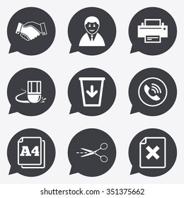 Office, documents and business icons. Printer, handshake and phone signs. Boss, recycle bin and eraser symbols. Flat icons in speech bubble pointers.