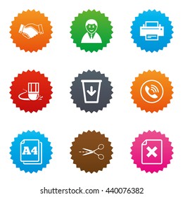 Office, documents and business icons. Printer, handshake and phone signs. Boss, recycle bin and eraser symbols. Stars label button with flat icons. Vector