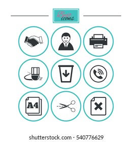 Office, documents and business icons. Printer, handshake and phone signs. Boss, recycle bin and eraser symbols. Round flat buttons with icons. Vector