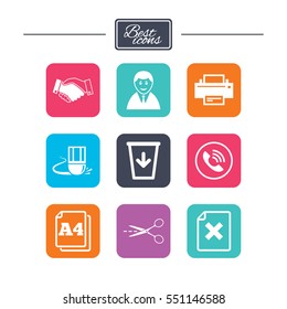 Office, documents and business icons. Printer, handshake and phone signs. Boss, recycle bin and eraser symbols. Colorful flat square buttons with icons. Vector