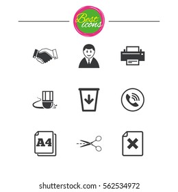 Office, documents and business icons. Printer, handshake and phone signs. Boss, recycle bin and eraser symbols. Classic simple flat icons. Vector