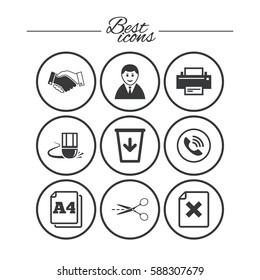 Office, documents and business icons. Printer, handshake and phone signs. Boss, recycle bin and eraser symbols. Classic simple flat icons. Vector