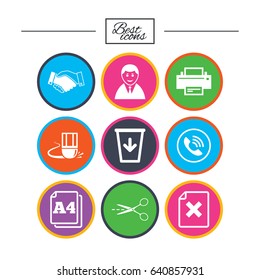 Office, documents and business icons. Printer, handshake and phone signs. Boss, recycle bin and eraser symbols. Classic simple flat icons. Vector