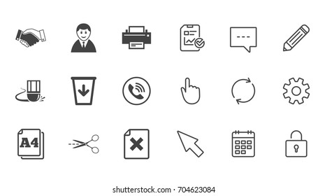 Office, documents and business icons. Printer, handshake and phone signs. Boss, recycle bin and eraser symbols. Chat, Report and Calendar line signs. Service, Pencil and Locker icons. Vector
