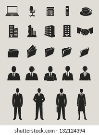 Office And Documents, Business People And Buildings Icons Set