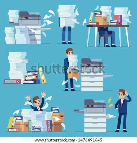 Office documents copier. Printer printing office papers, man with broken photocopier. Lot of paperwork and bureaucracy flat vector business unorganized working problems set