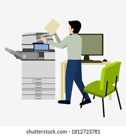 Office documents copier vector in flat style. Man work on photocopier machine illustration
