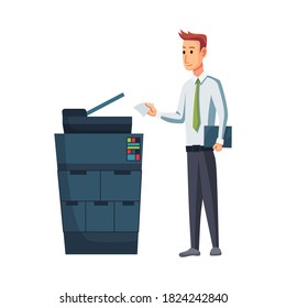Office documents copier. Office worker prints documents on the copier. Man works on a photocopier. Concept of office work