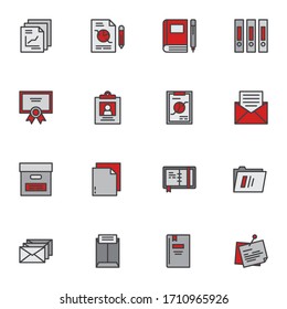 Office documents filled outline icons set, line vector symbol collection, linear colorful pictogram pack. Signs logo illustration, Set includes icons paperwork, financial report document, file folder