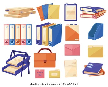 Office documents and folders. Paper management system elements, corporate or school archives. Stationery documents, isolated cartoon nowaday vector set