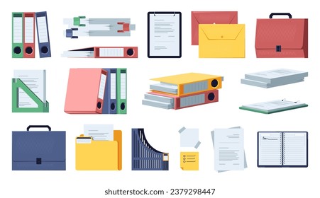 Office documents and folders. Workstation with stationary and school folder, notebook, binder and tools for study and job. Vector isolated set of office document file illustration