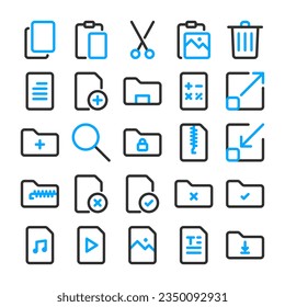 Office documents icon set, in dual tone style, suitable for business, office, work, ui and technology. This includes files, data, new documents, folders, edit, copy, archive, file format, and delete.