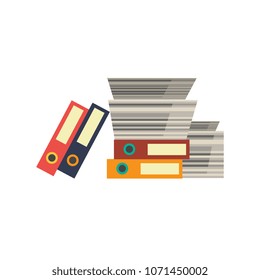 Office documents, papers and folders stacked in messy pile. Overwork, deadline and time management business concept objects. Vector flat icon illustration isolated