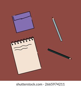 Documentos de oficina, lápices, cuaderno, notas adhesivas