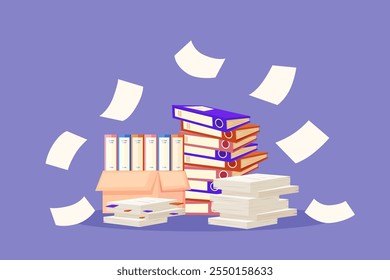 Office documents pile. Flying white sheets, folders stack and box with work documents. Paperwork or bureaucracy, file organize nowaday vector scene