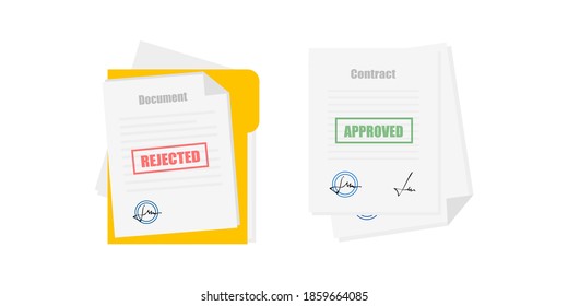 Office documents set. Approved, rejected. Modern flat illustration. Paper document page icons. Collection of documents, file, paper with stamps and signatures on white background.