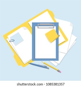 office documents and office supplies are on the table. Yellow and blue folders with documents and stickers. all items can be used separately