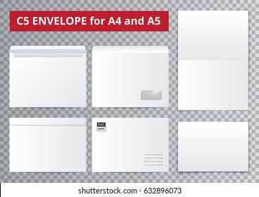 Office documents template set with isolated blank paper sheet and mail envelope images on transparent background vector illustration 