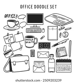 Office Doodle Set Illustration. Creative hand-drawn illustration of office supplies, including stationery items like pens and pencils, a computer monitor, a calculator, envelopes, and a coffee cup