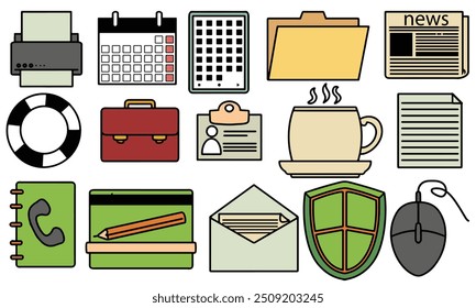 Office Doodle Set Illustration. Creative hand-drawn illustration of office supplies, including stationery items like pens and pencils, a computer monitor, a calculator, envelopes, and a coffee cup