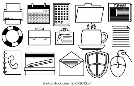 Office Doodle Set Illustration. Creative hand-drawn illustration of office supplies, including stationery items like pens and pencils, a computer monitor, a calculator, envelopes, and a coffee cup