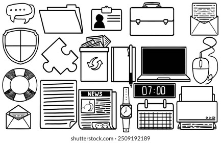 Office doodle stationery drawing set. Vector illustration many objects. Black and white hand drawn business symbols.