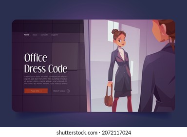 Office dress code cartoon landing page. Business woman looking at her reflection in mirror at lobby. Clerk, manager or businesswoman evaluating her attire. Formal clothes fashion, Vector illustration